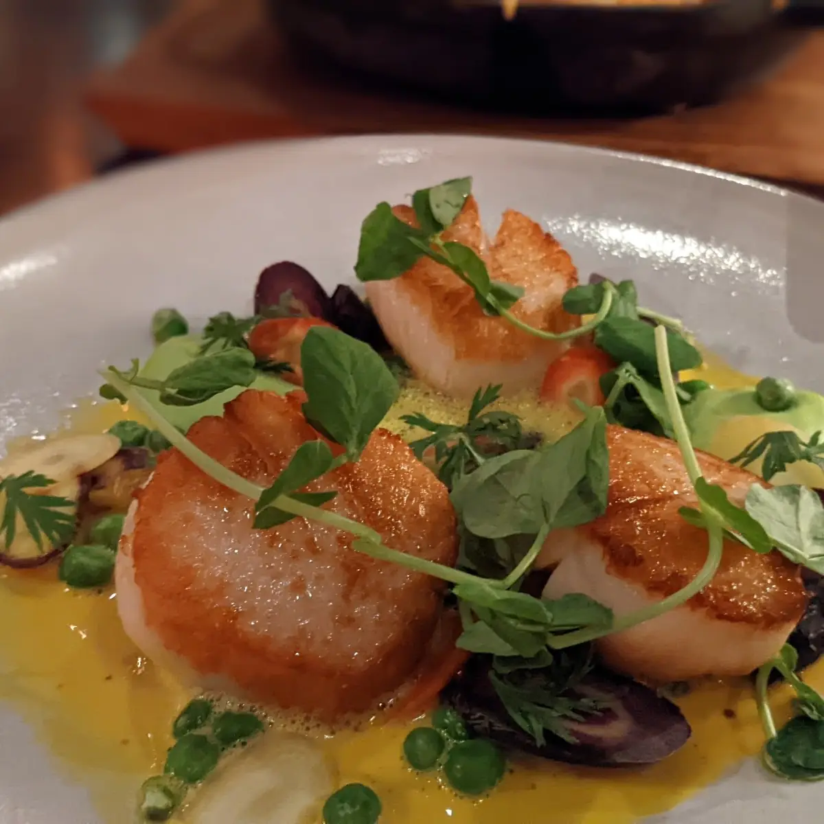 Pan Seared Scallops with English Peas Kaffir Lime and Carrots