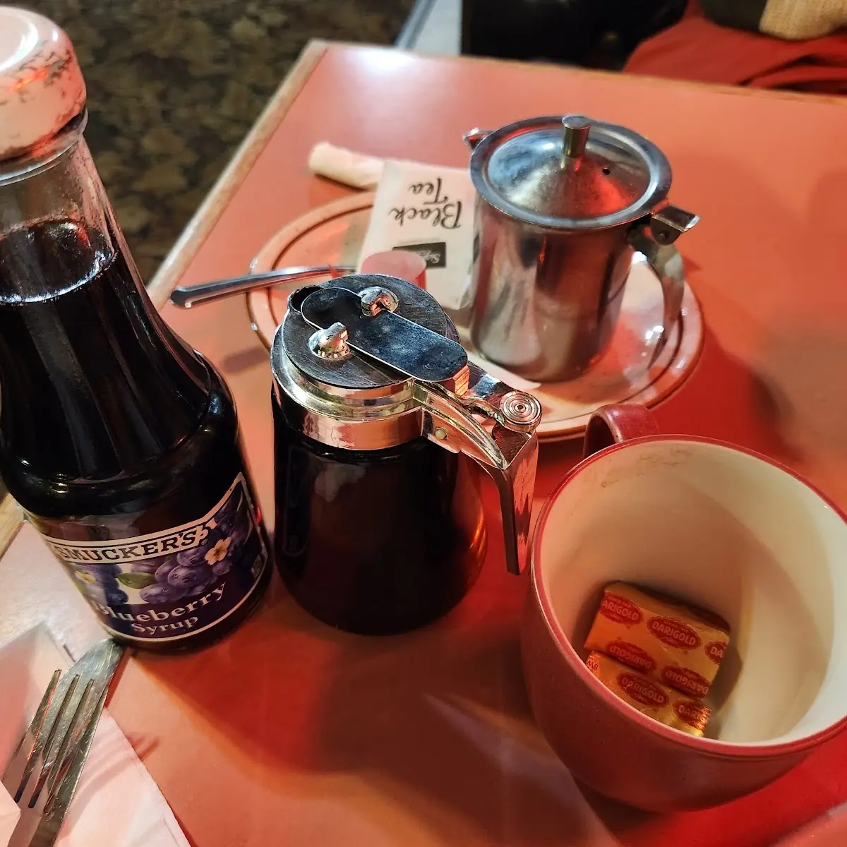 Hot Tea Order and Pancake Condiments