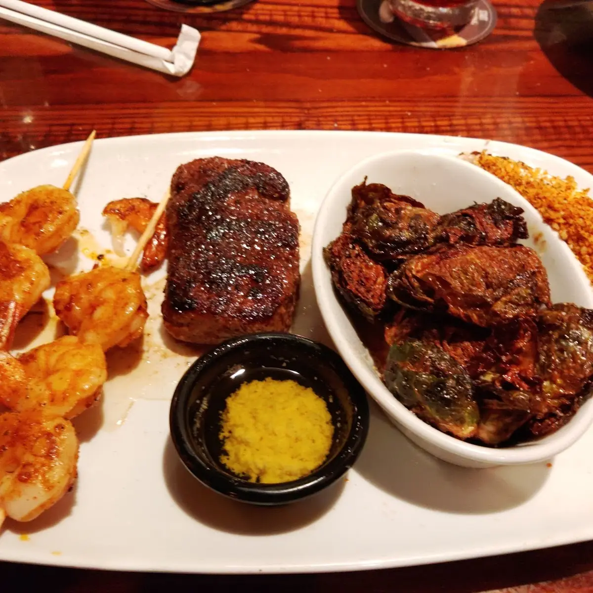 Filet Mignon and Shrimp with Crispy Brussels Sprouts