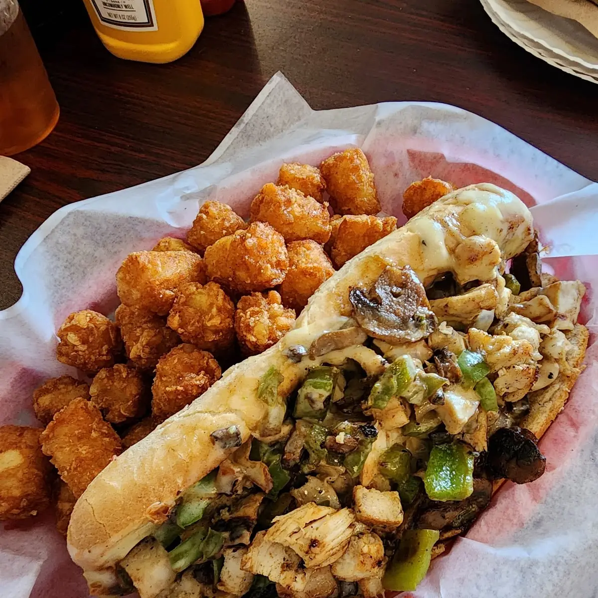 Philly Cheese Chicken Sandwich with Tots