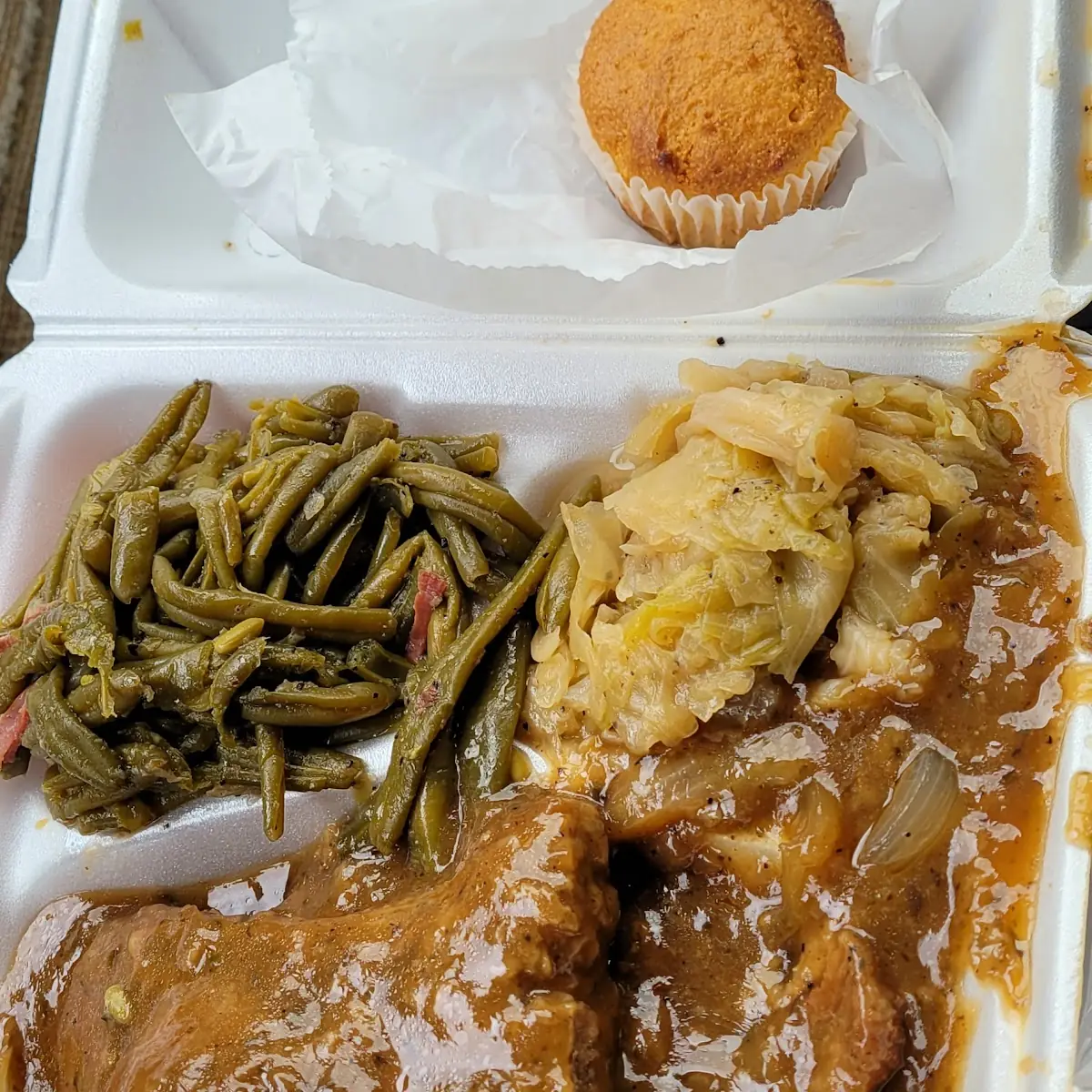 Pork Chops Cabbages String Beans & Corn Muffin