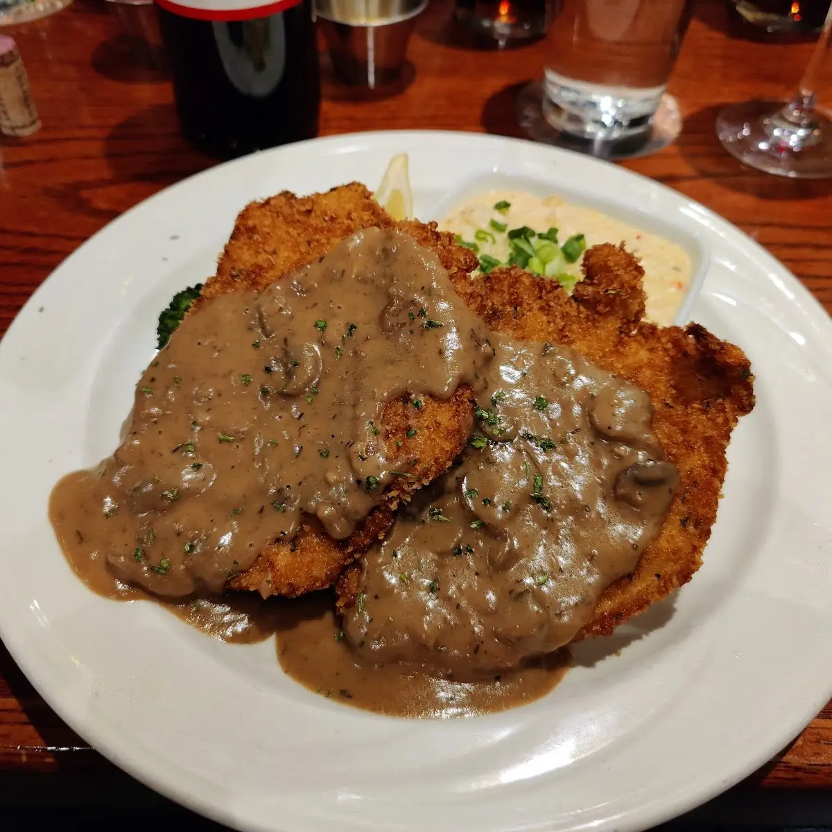 Schnitzel with Steamed Broccoli and Mashed Potatoes