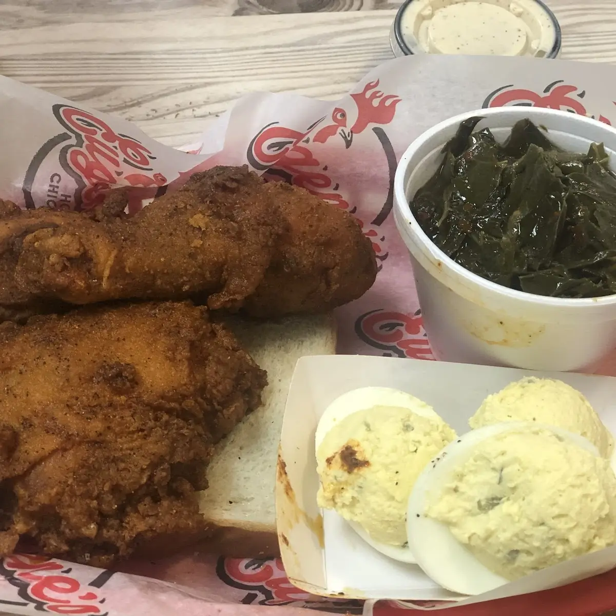 Mild 2 Dark Pieces with Deviled Eggs and Greens
