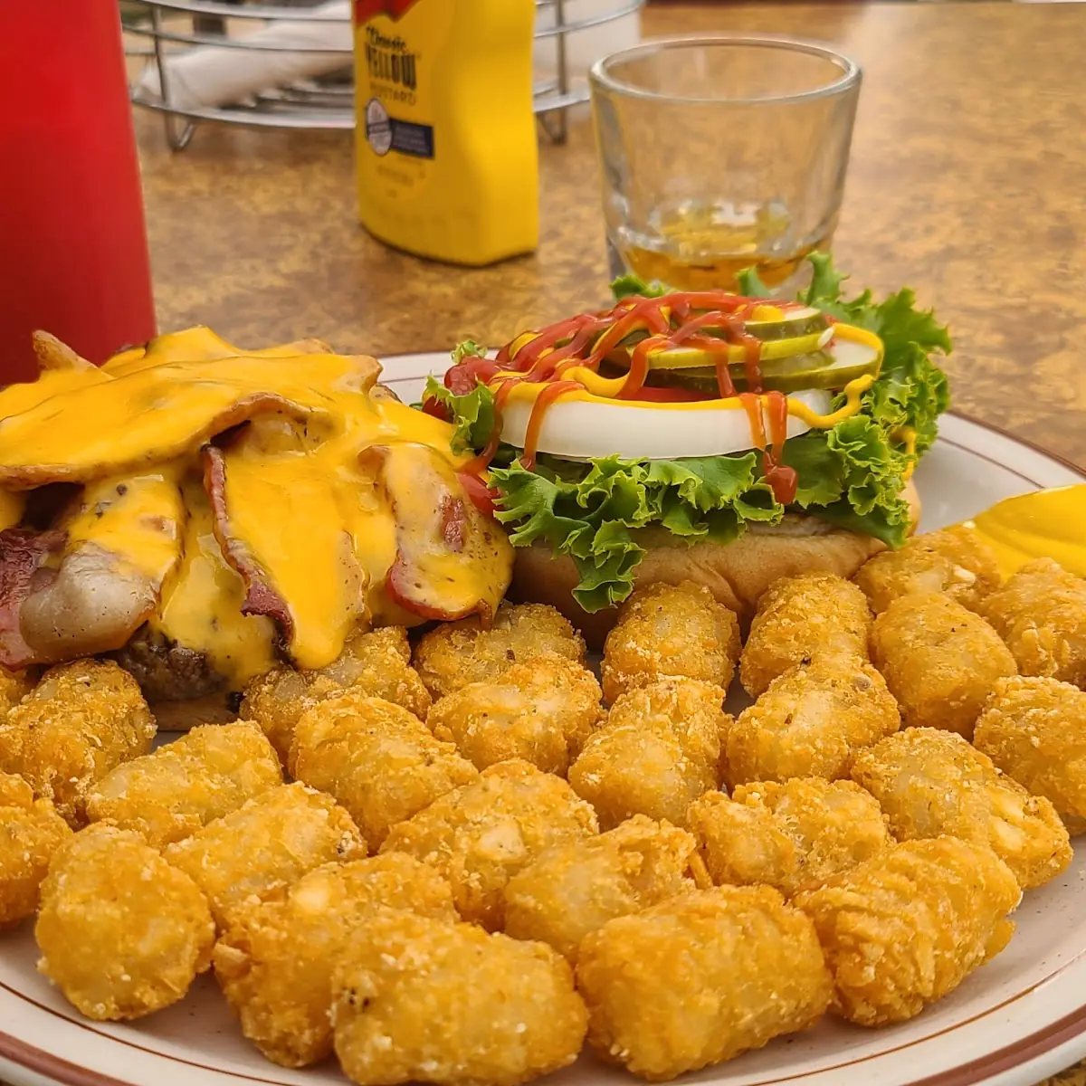 Bacon Cheddar Burger and Tater Tots