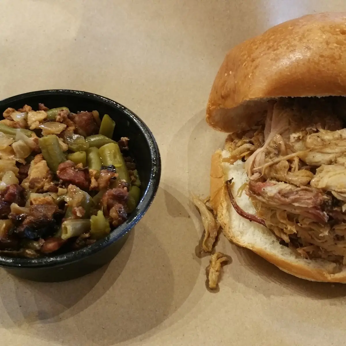 Pulled Pork Sandwich with Green Beans and Bacon