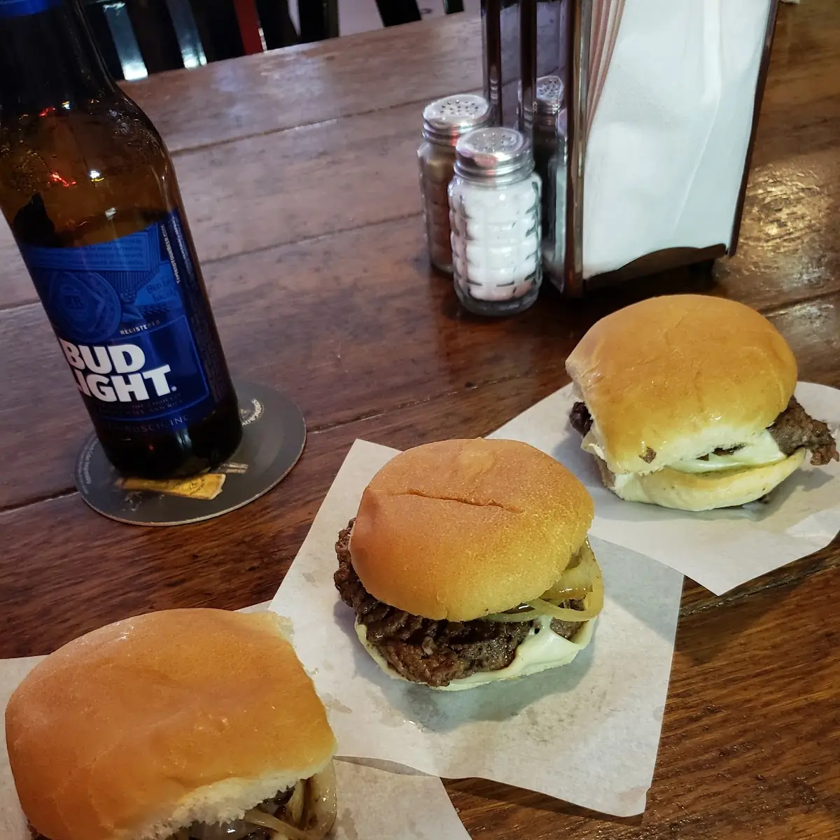 3 Cheeseburgers with Everything and Grilled Onions