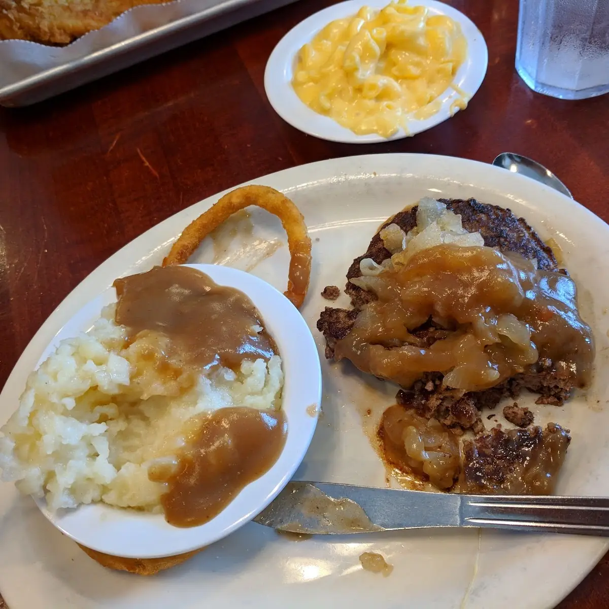 Hamburger Steak with Mashed Potatoes and Macaroni and Cheese