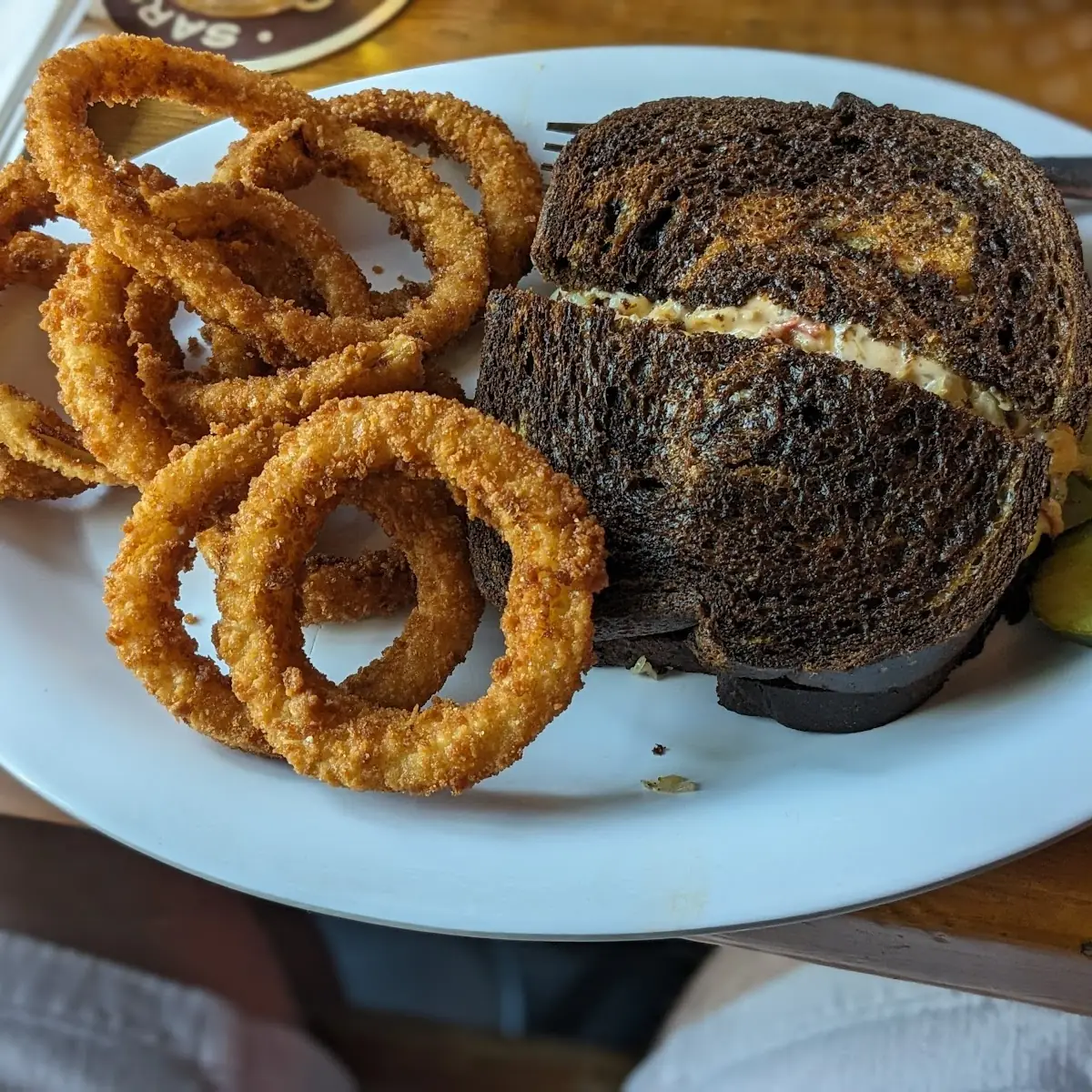 Steak with Onion Rings and Drink