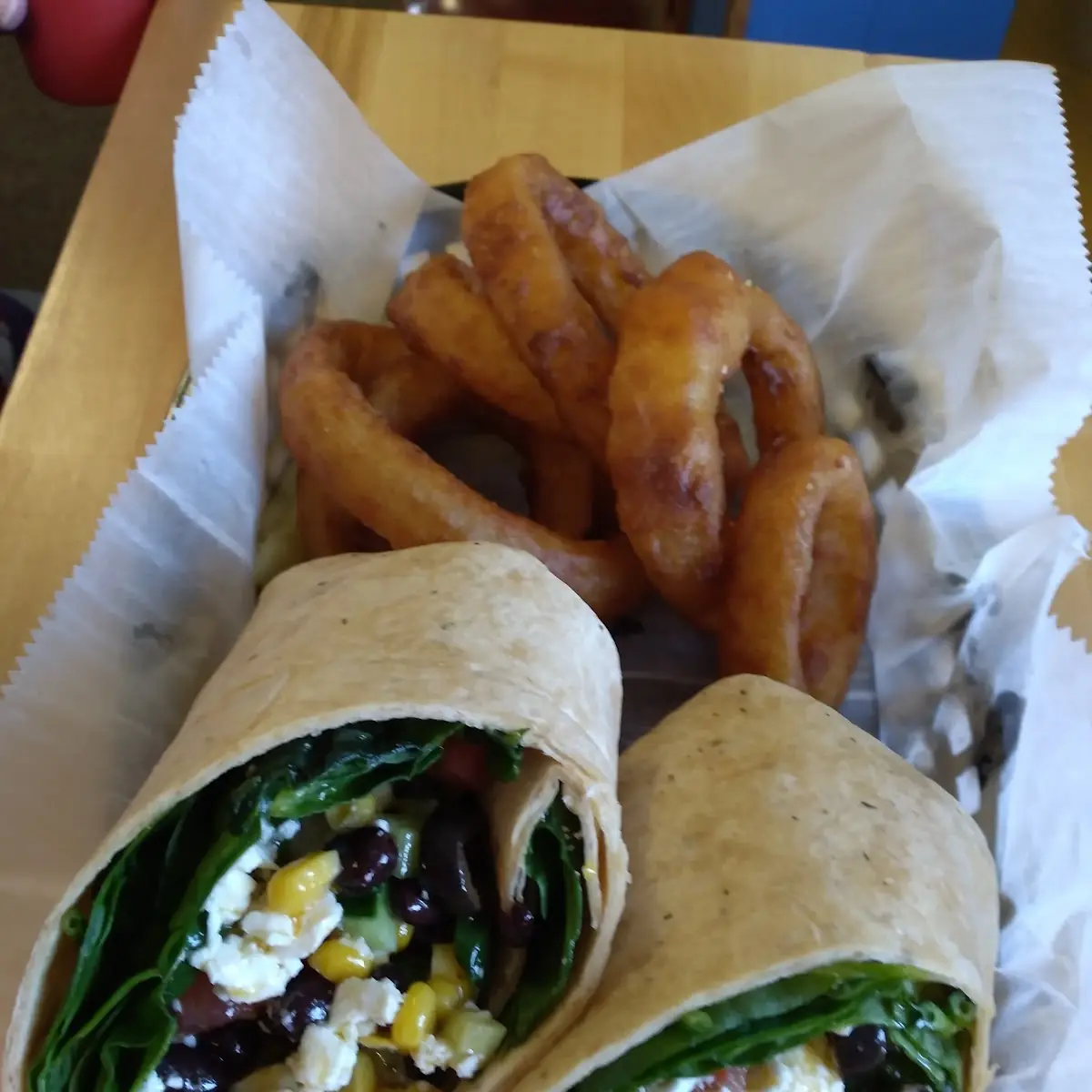 Chicken Wrap and Onion Rings