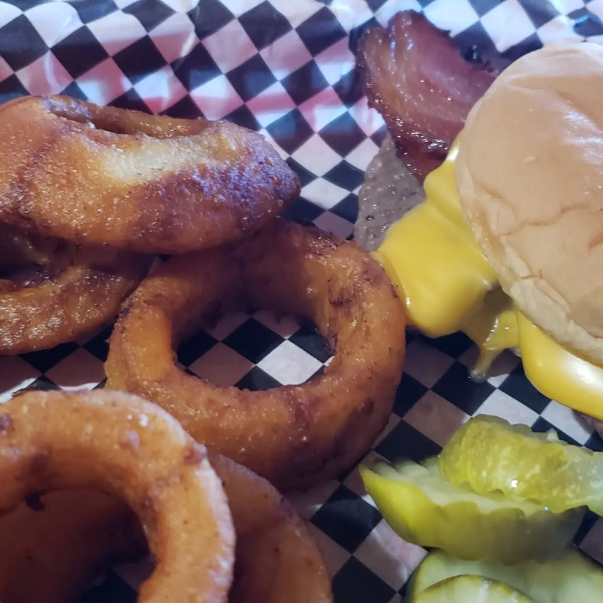 Bacon Cheese Burger with Onion Rings