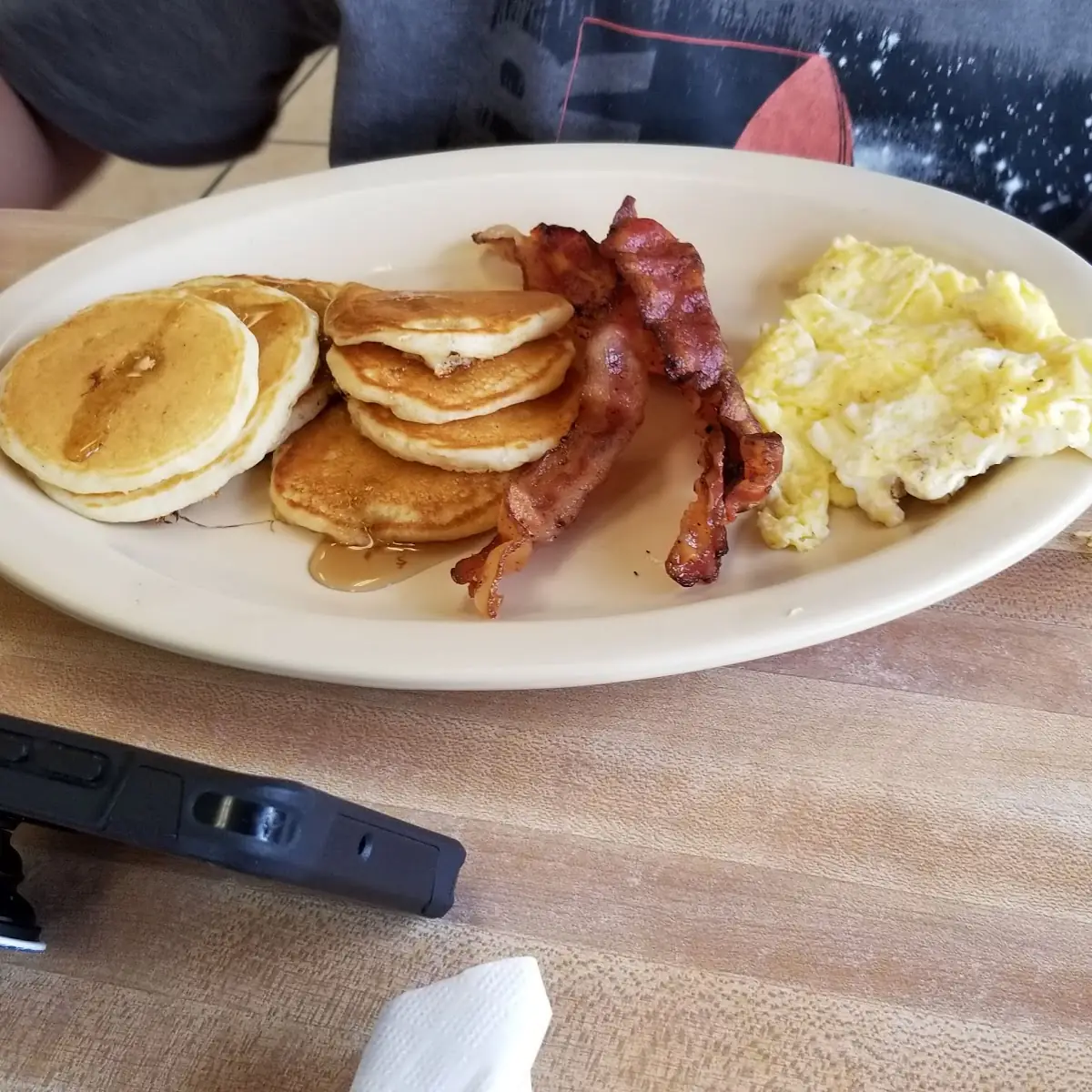 Silver Dollar Pancakes and Bacon and Scrambled Eggs