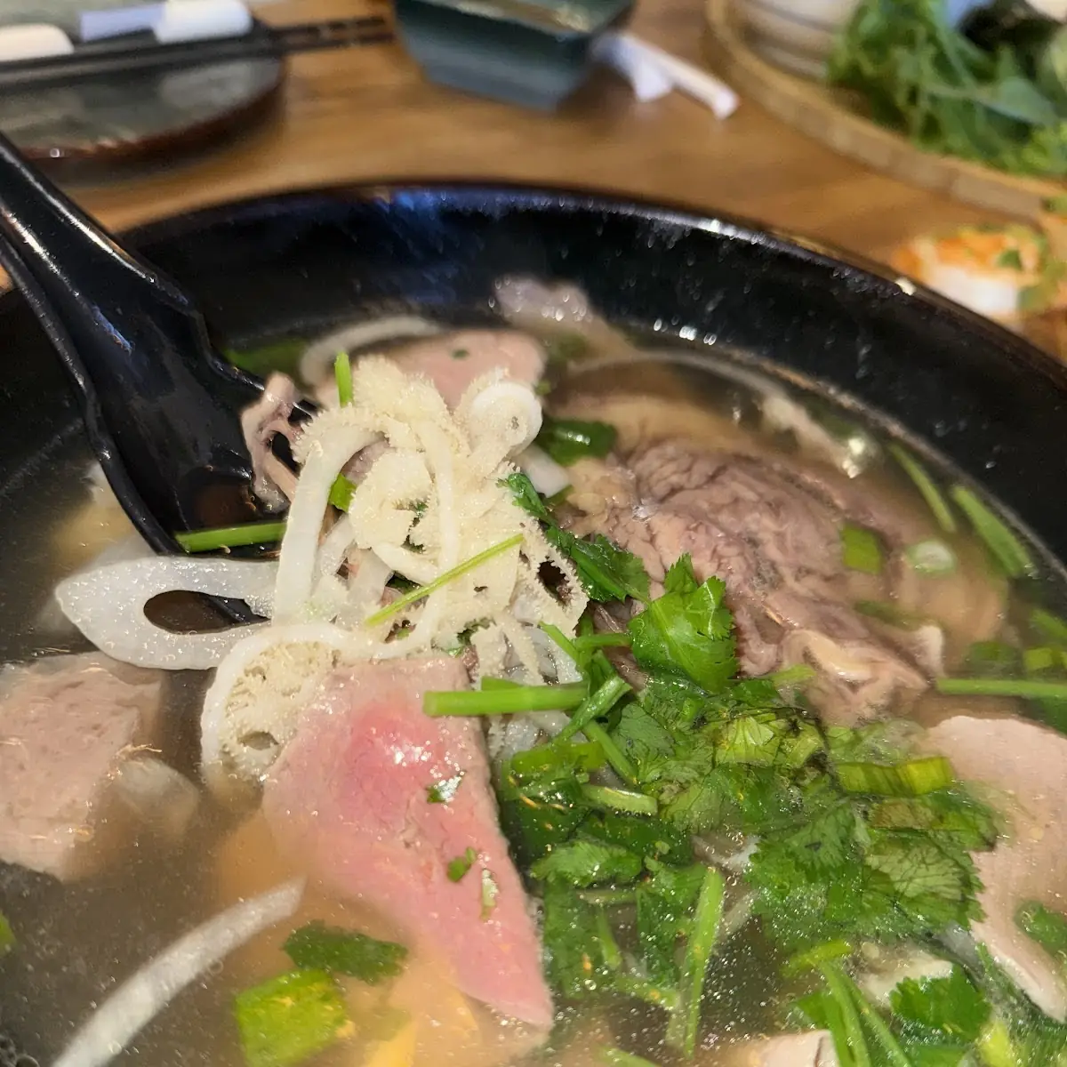 Beef Noodle Pho and Basil Leaves