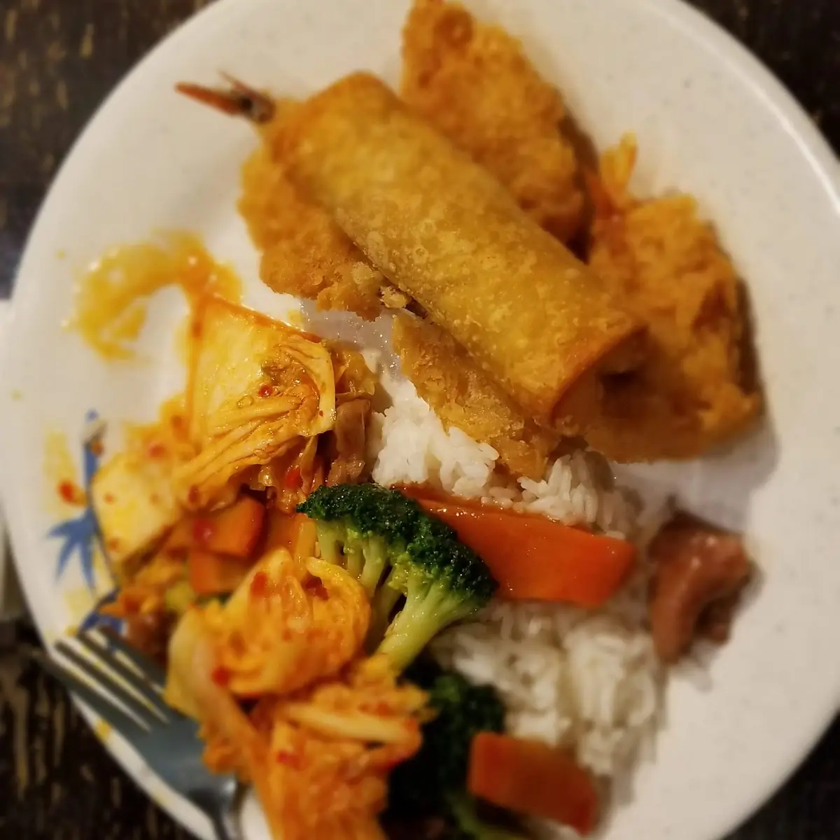 Broccoli Beef White Rice Kimchi Egg Roll