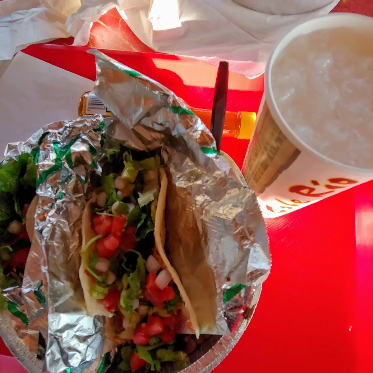 Shrimp Tacos and Horchata Drink