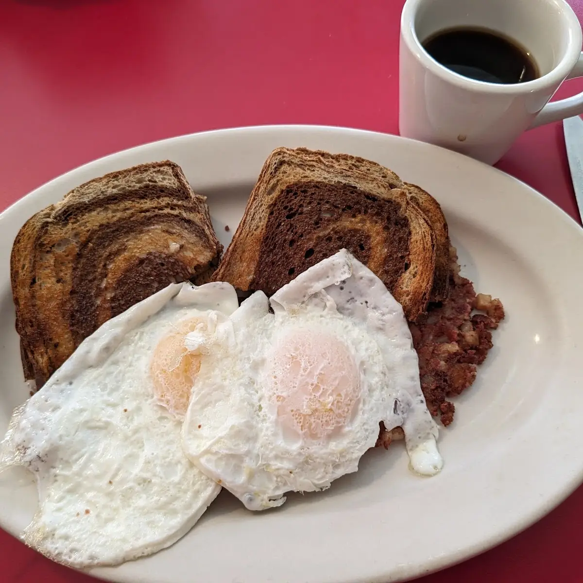 Corned Beef Hash 2 Eggs Overeasy Marble Rye Toast