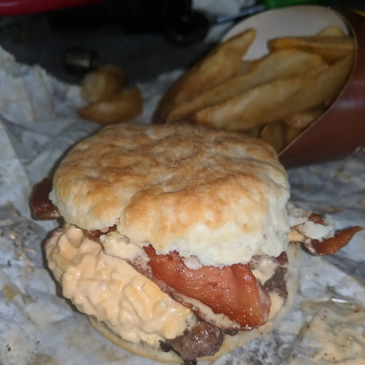 Bacon Pimento Cheese Burger on a Biscuit