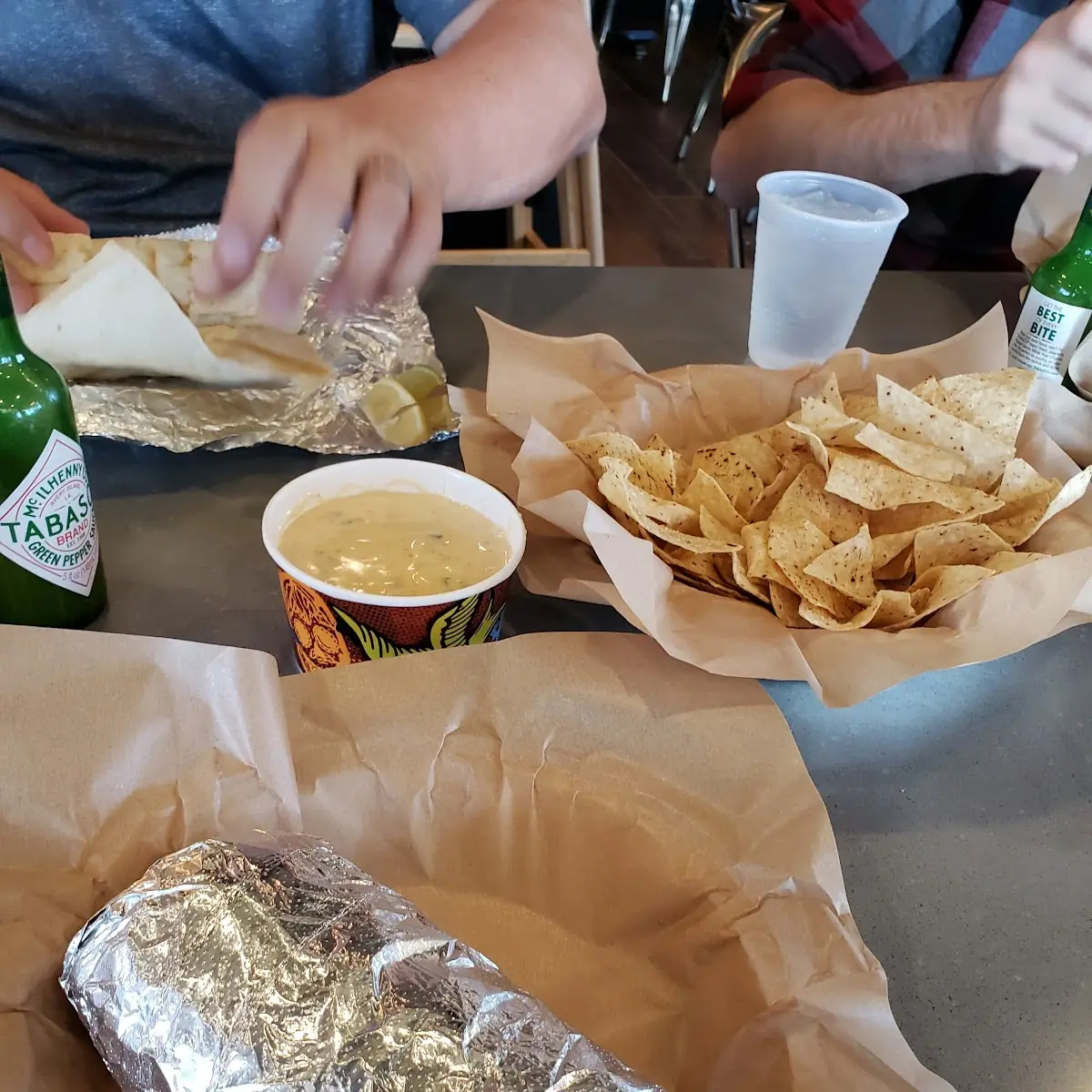 Chicken Burrito with Chips and Queso