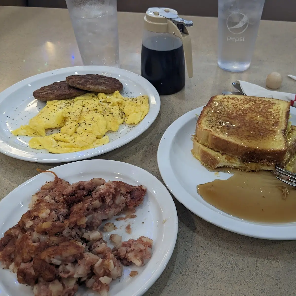 French Toast Corned Beef Sausage and Eggs
