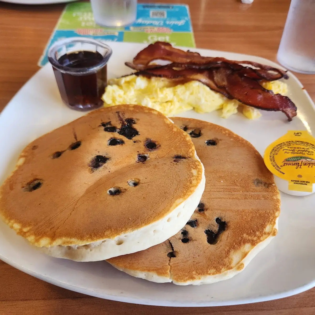 Blueberry Pancakes and Eggs with Bacon