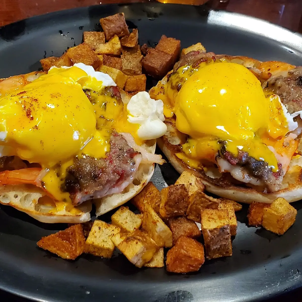 Stuffed Shrimp Eggs Benedict with Hash Browns