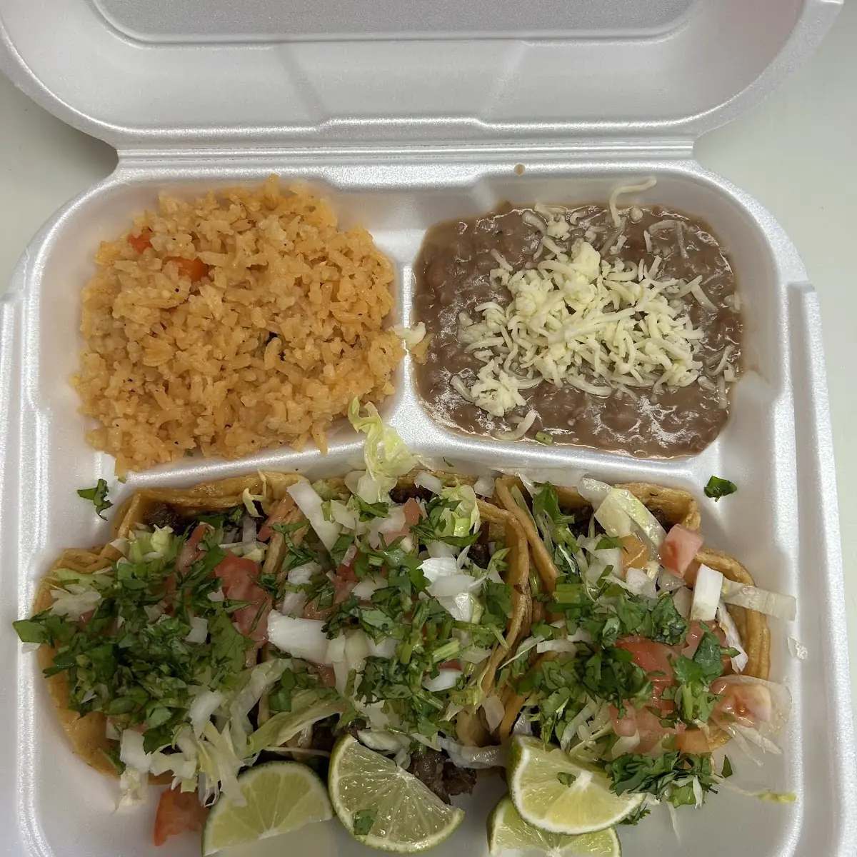 Steak Tacos Rice and Refried Beans