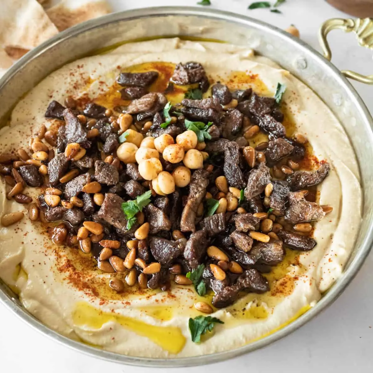 Shawarma Hummus with Pine Nuts