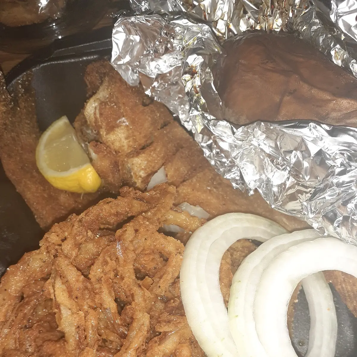 Catfish Dinner and Onion Rings