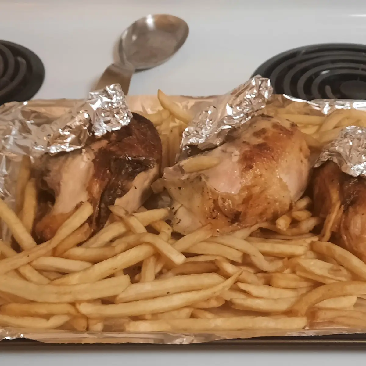 Cold Chicken and Fries Ready to Go into Oven to Be Heated, Cornwall Bar B Q Restaurant