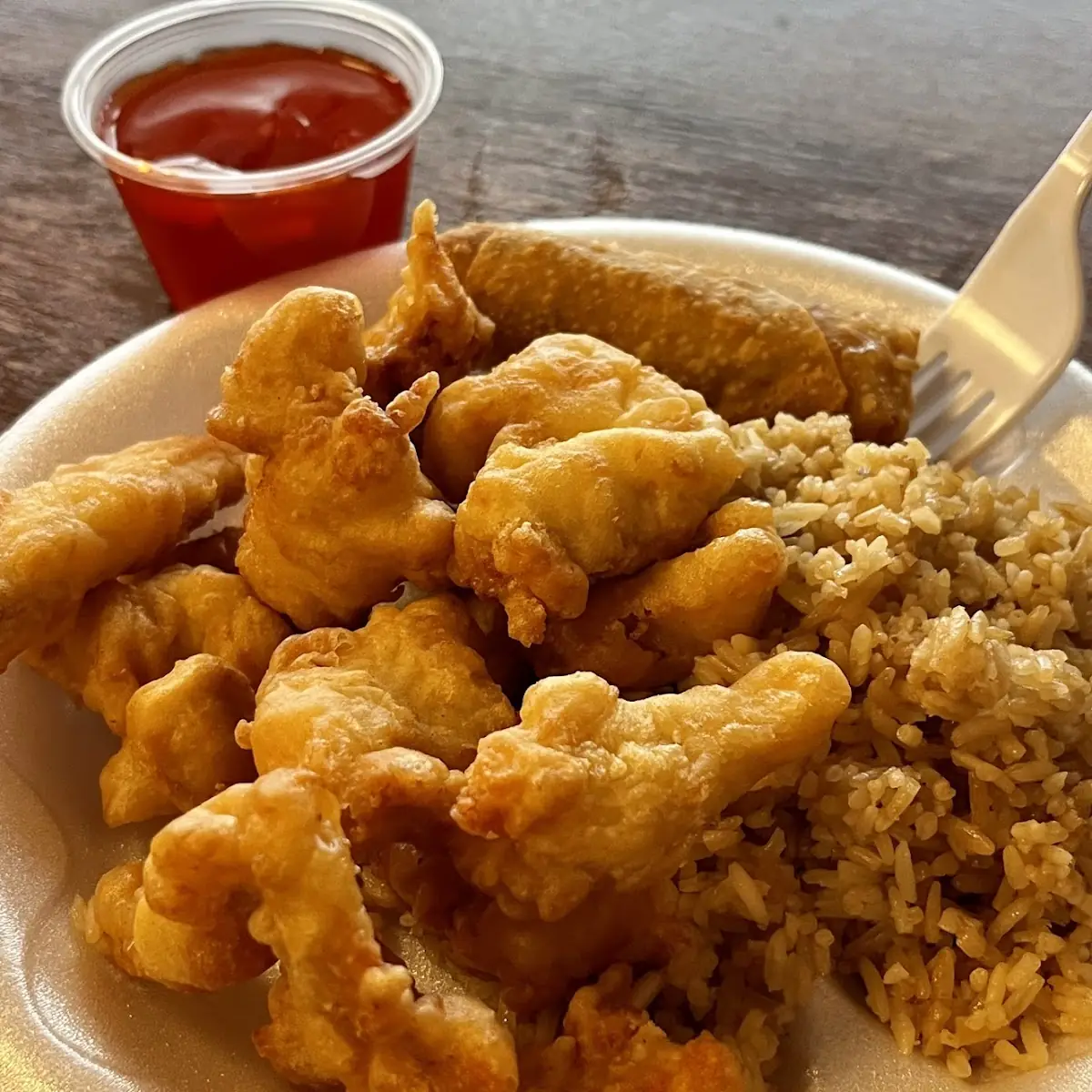 Sweet and Sour Chicken with Fried Rice and Egg Roll