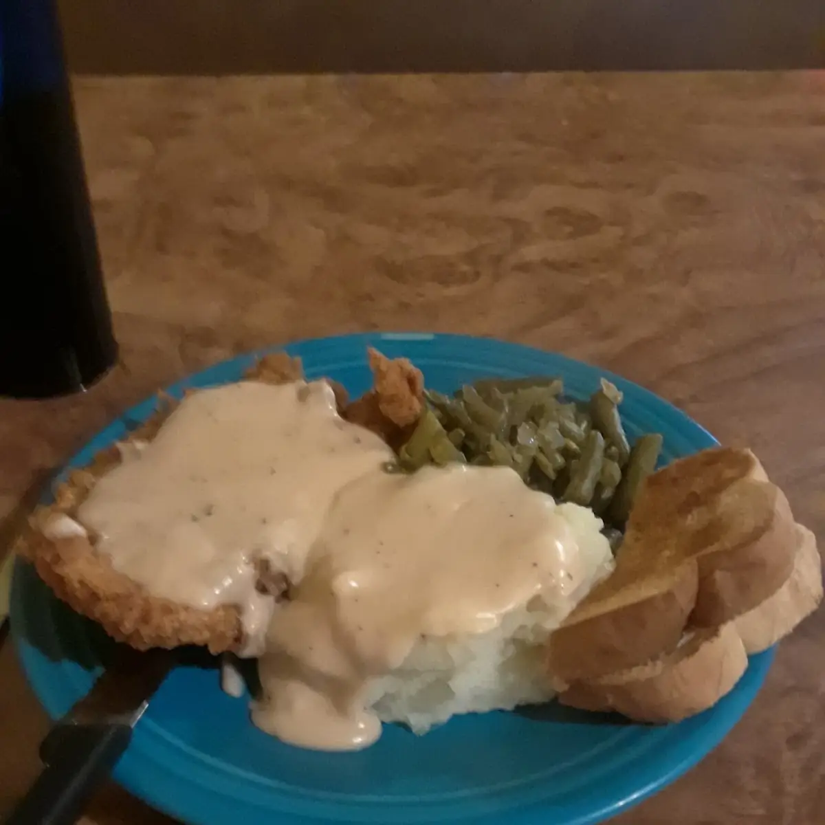 Chicken Fried Chicken Mashed Potatoes with Gravy and Green Beans