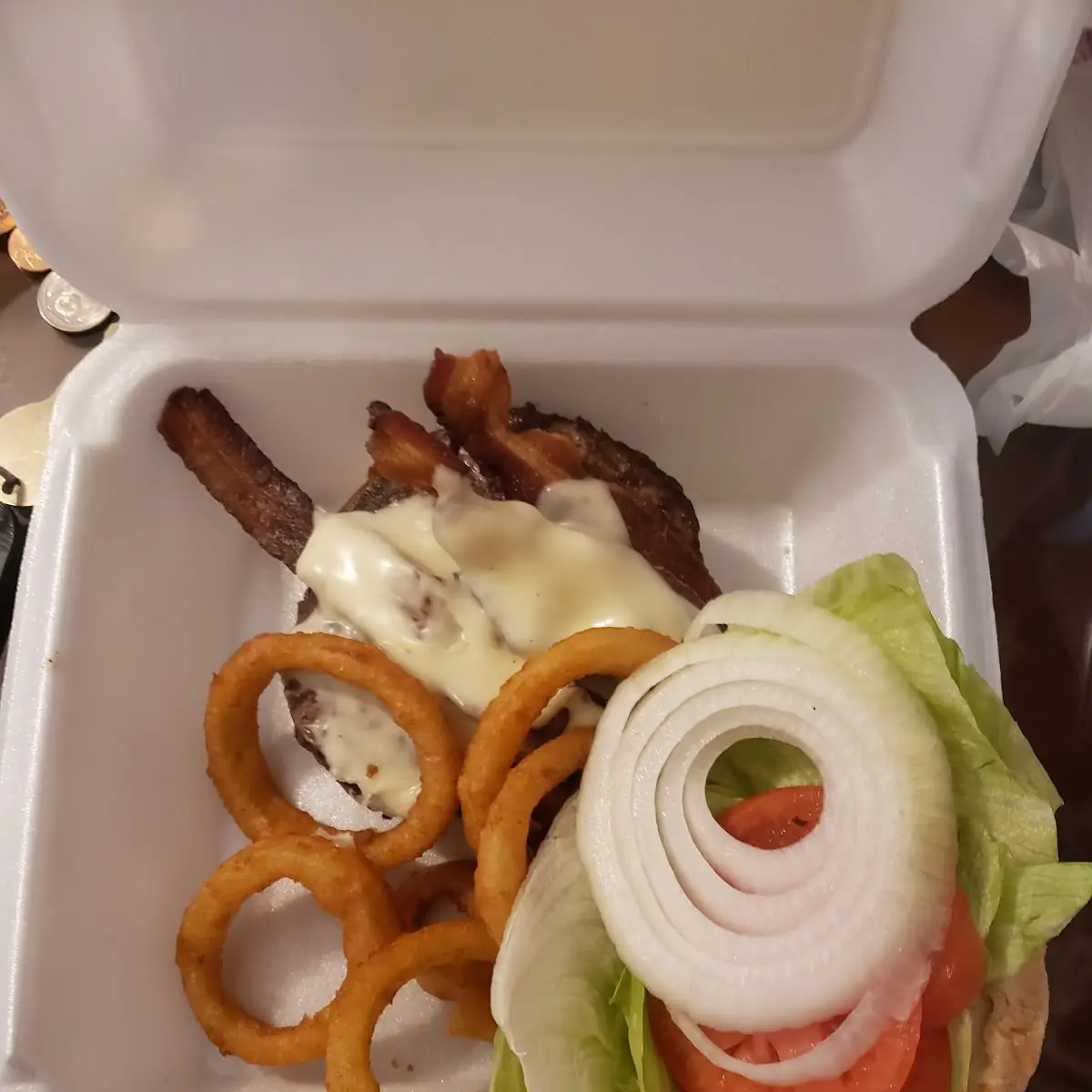 Bacon Cheese Burger and Onion Rings