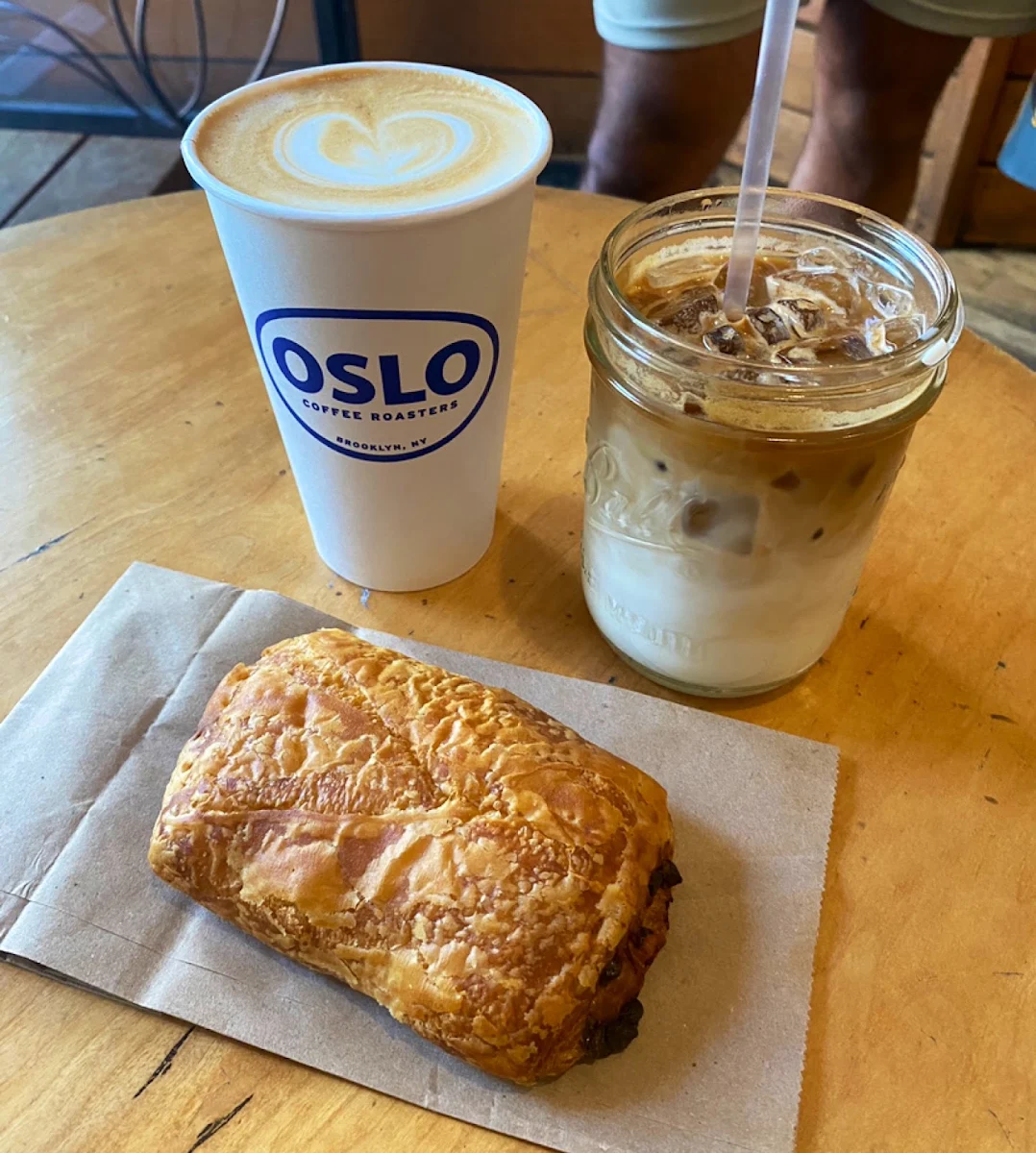 Iced Vanilla Latte and Chocolate Croissant