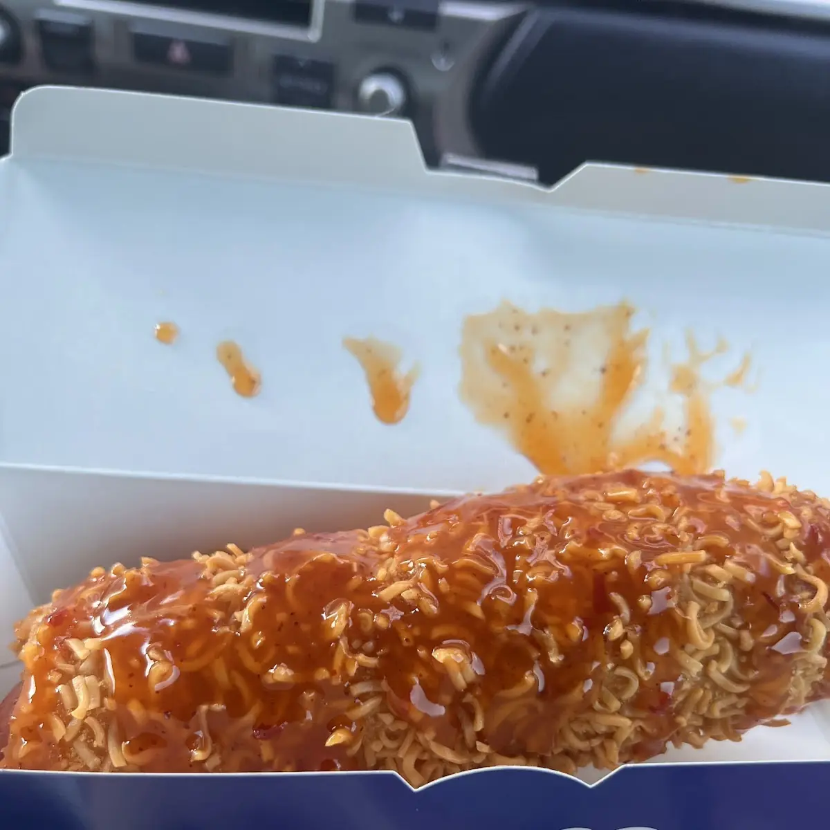 Crispy Ramen Corn Dog with Mango Habanero Sauce