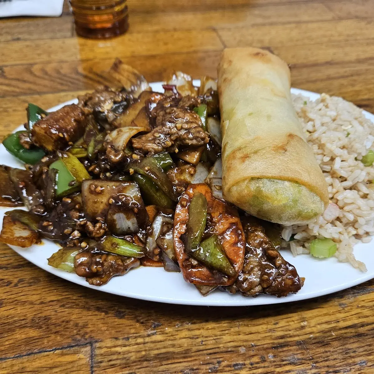Dinner D with Szechuan Beef and Spring Roll