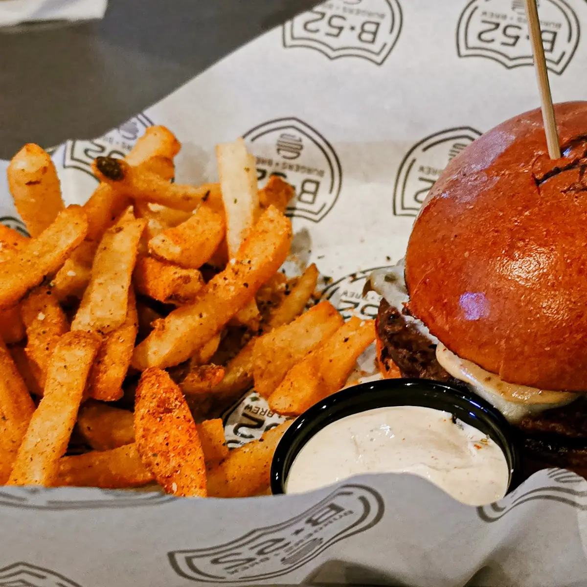 Beef Burger with Waffle Fries and Sauce