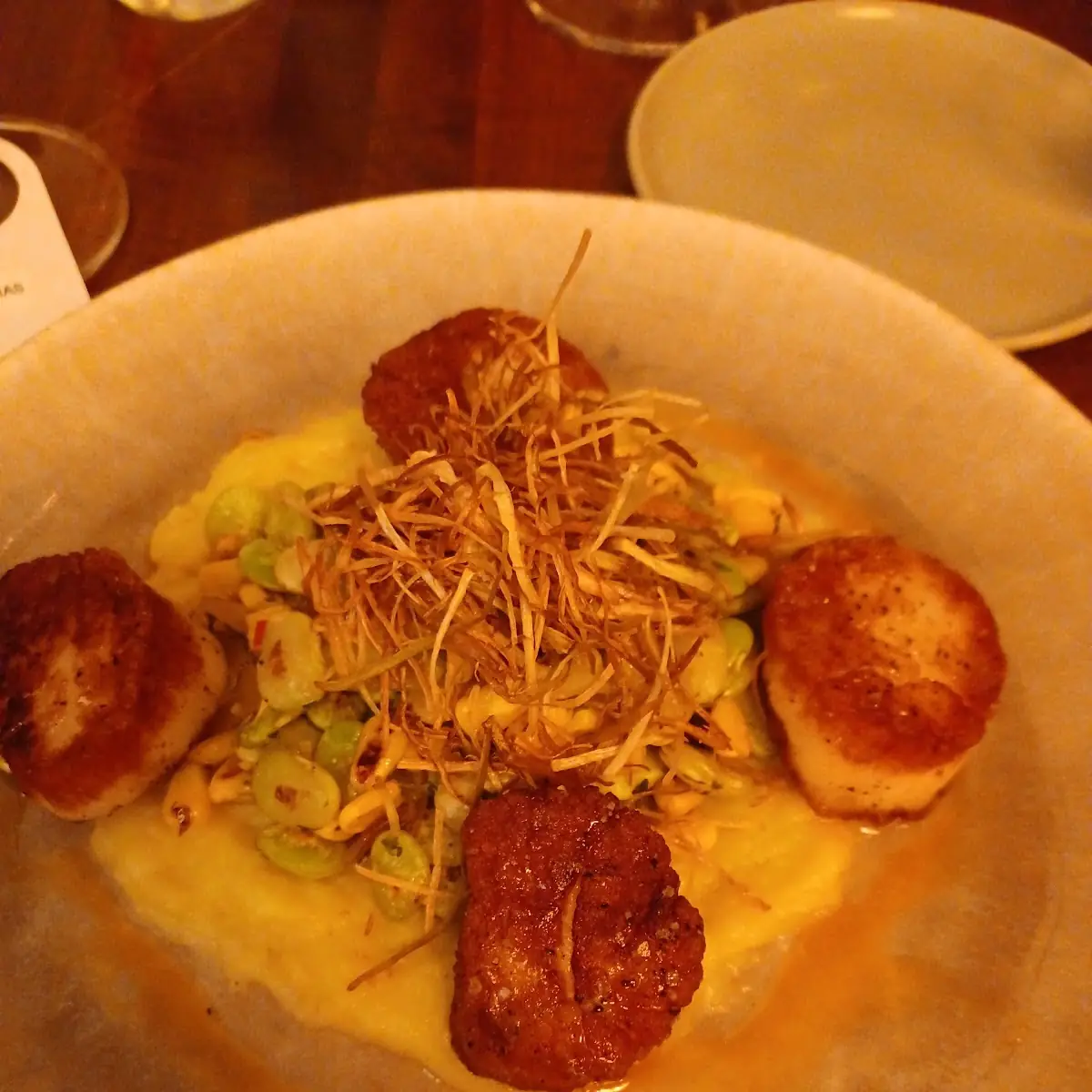 Seared Scallops 26roasted Winter Squash Cauliflower Puree Mint Chimichurri Orange Garlic Chips