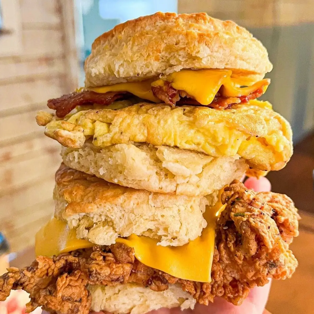 Fried Chicken Biscuit with Cheese Bacon Egg and Cheese Biscuit