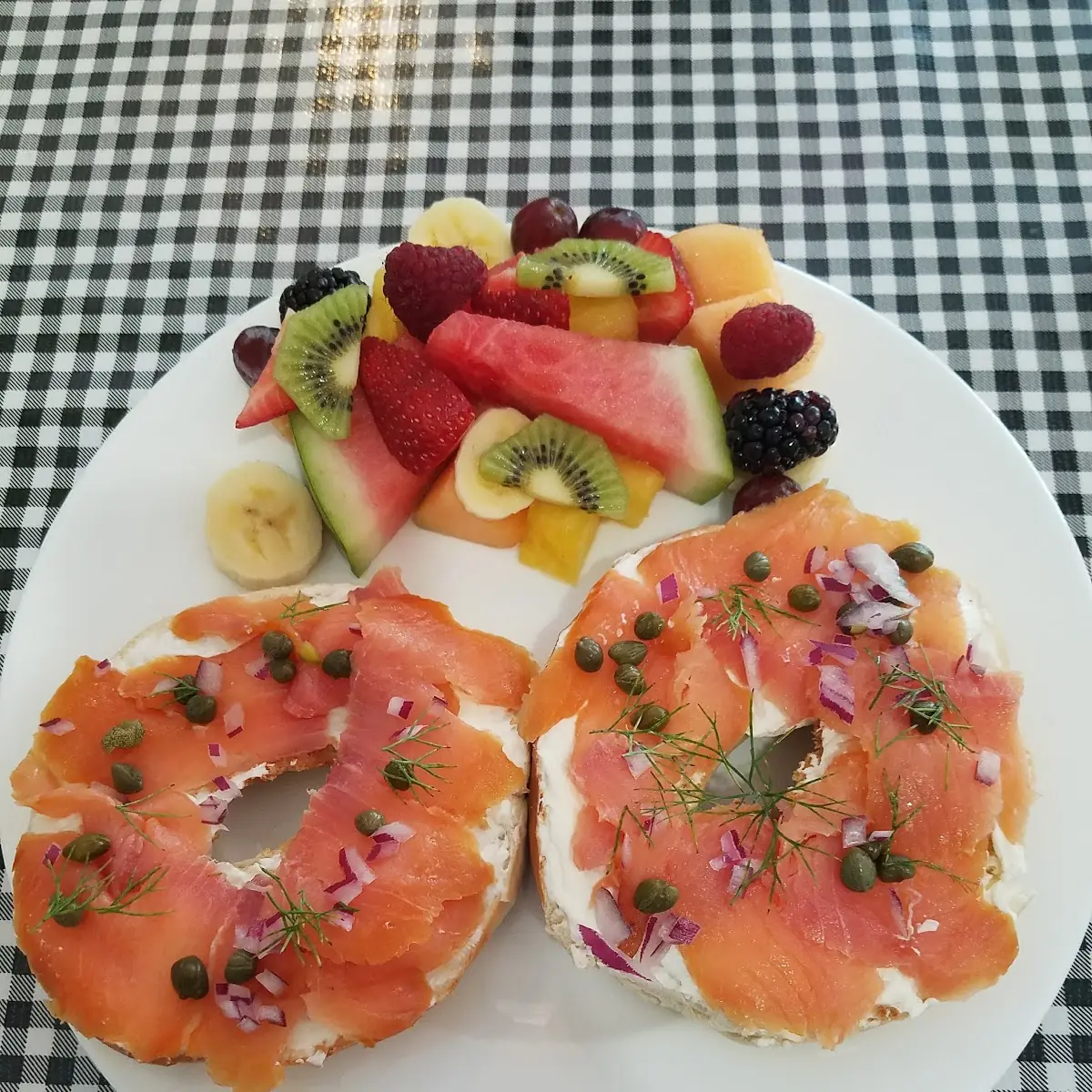 Everything Bagel with Salmon and Fruit