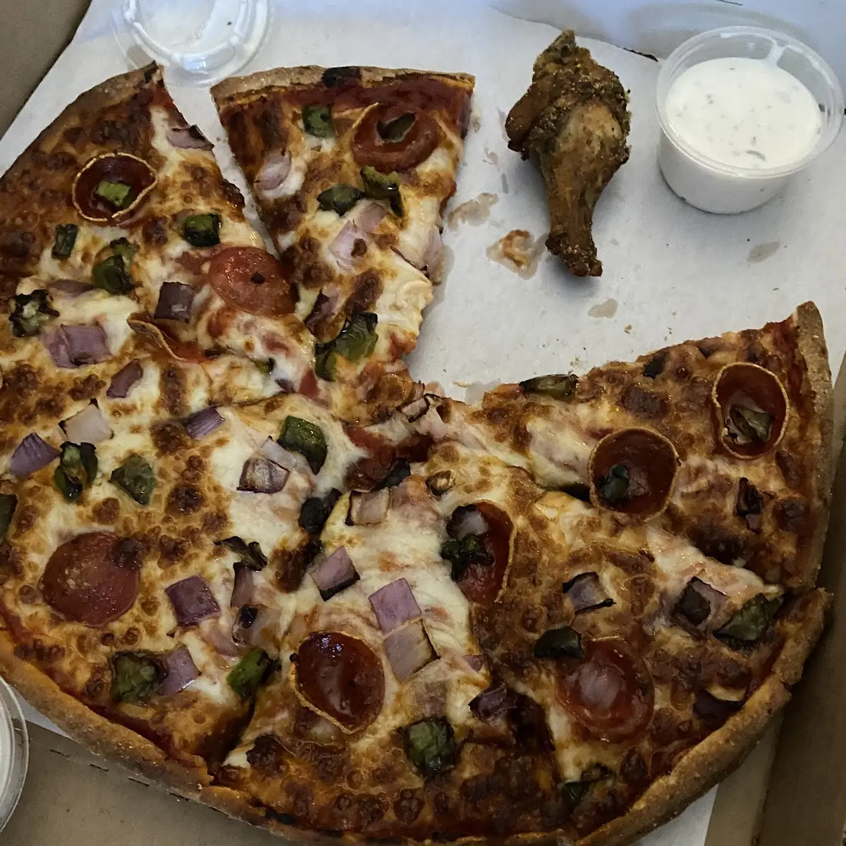 Pepperoni Green Peppers and Red Onions
