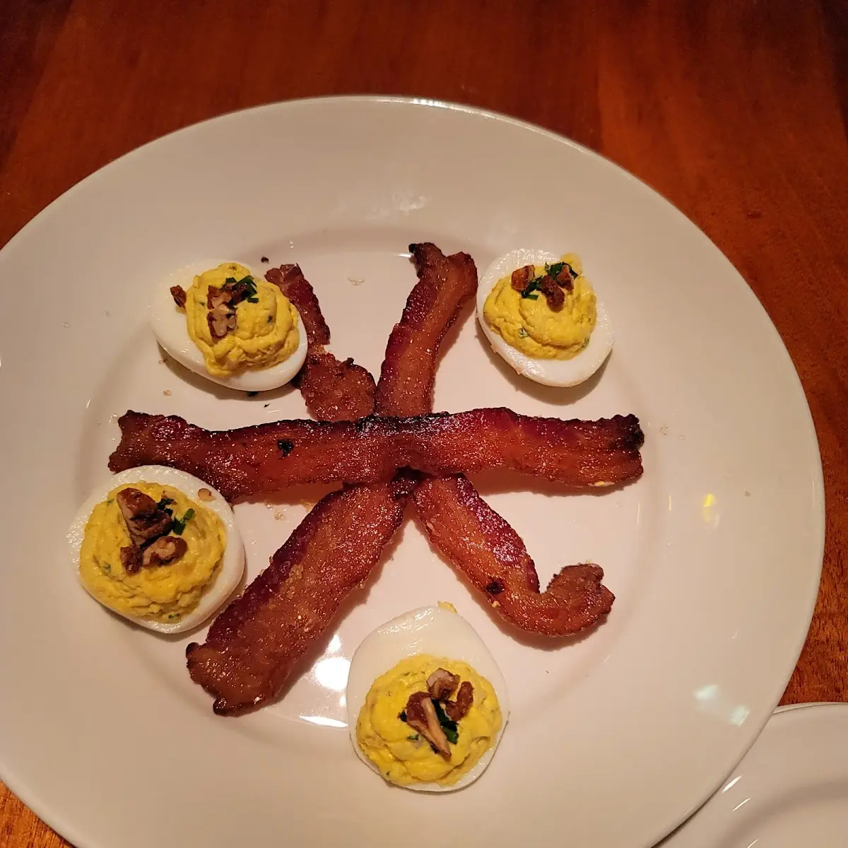 Deviled Eggs w Spiced Pecans & Sugar Cured Bacon