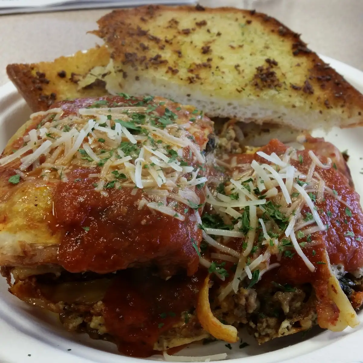 Meat Lasagna and Garlic Bread