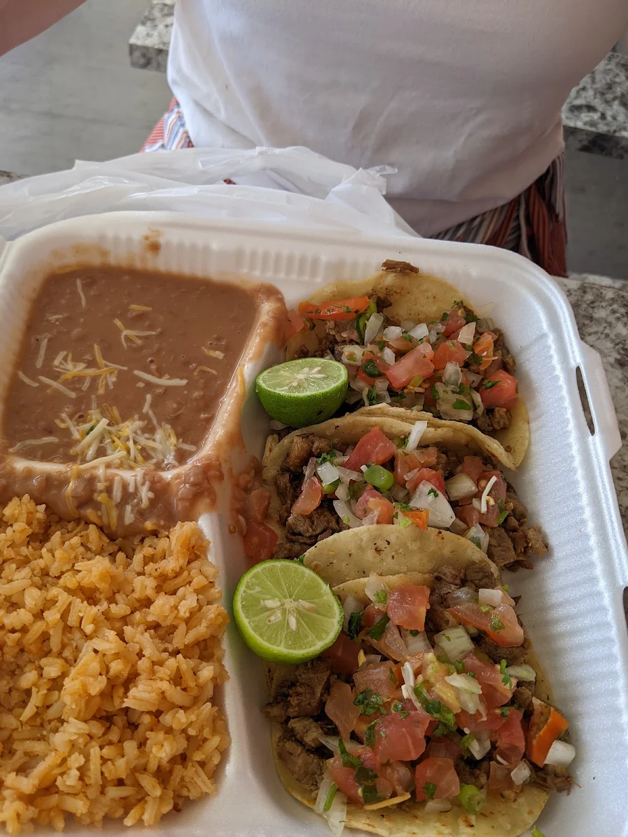 Carne Asada Tacos Rice and Refried Beans