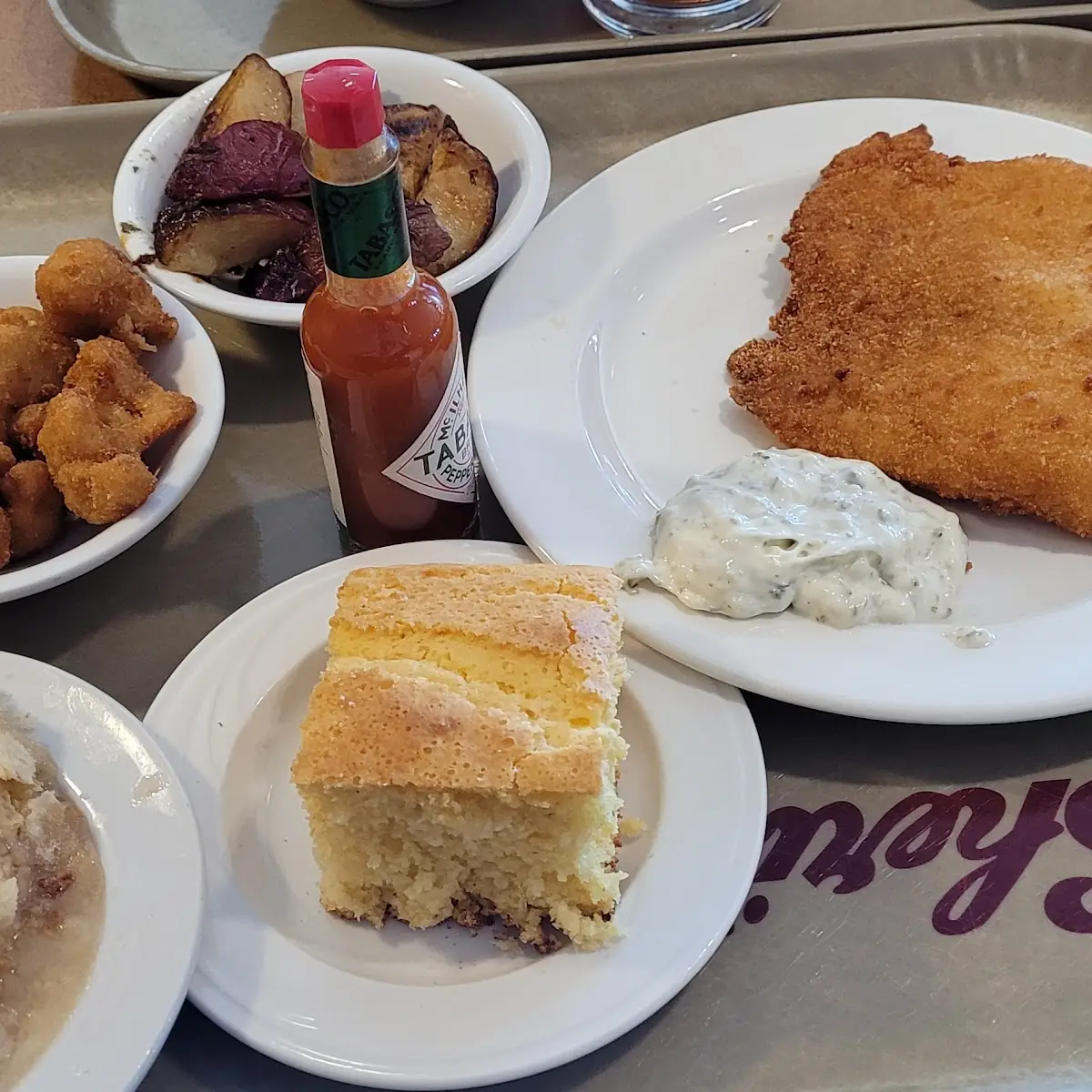 Fried Cod with Cauliflower Breaded and Oven Roasted Potato and Corn Bread