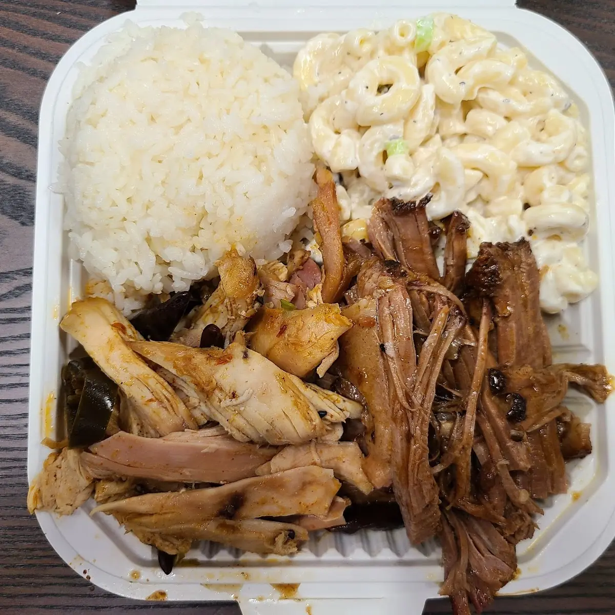Brisket and Pulled Chicken Plate with Rice and Mac Salad