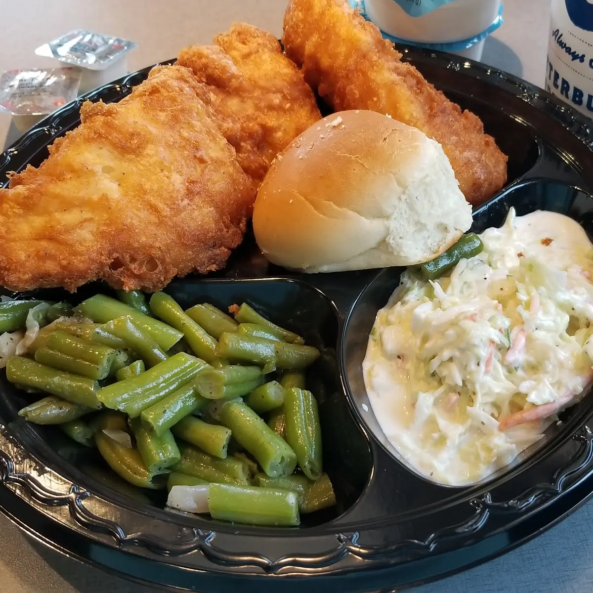 Cod Fish Dinner with Roll Green Beans