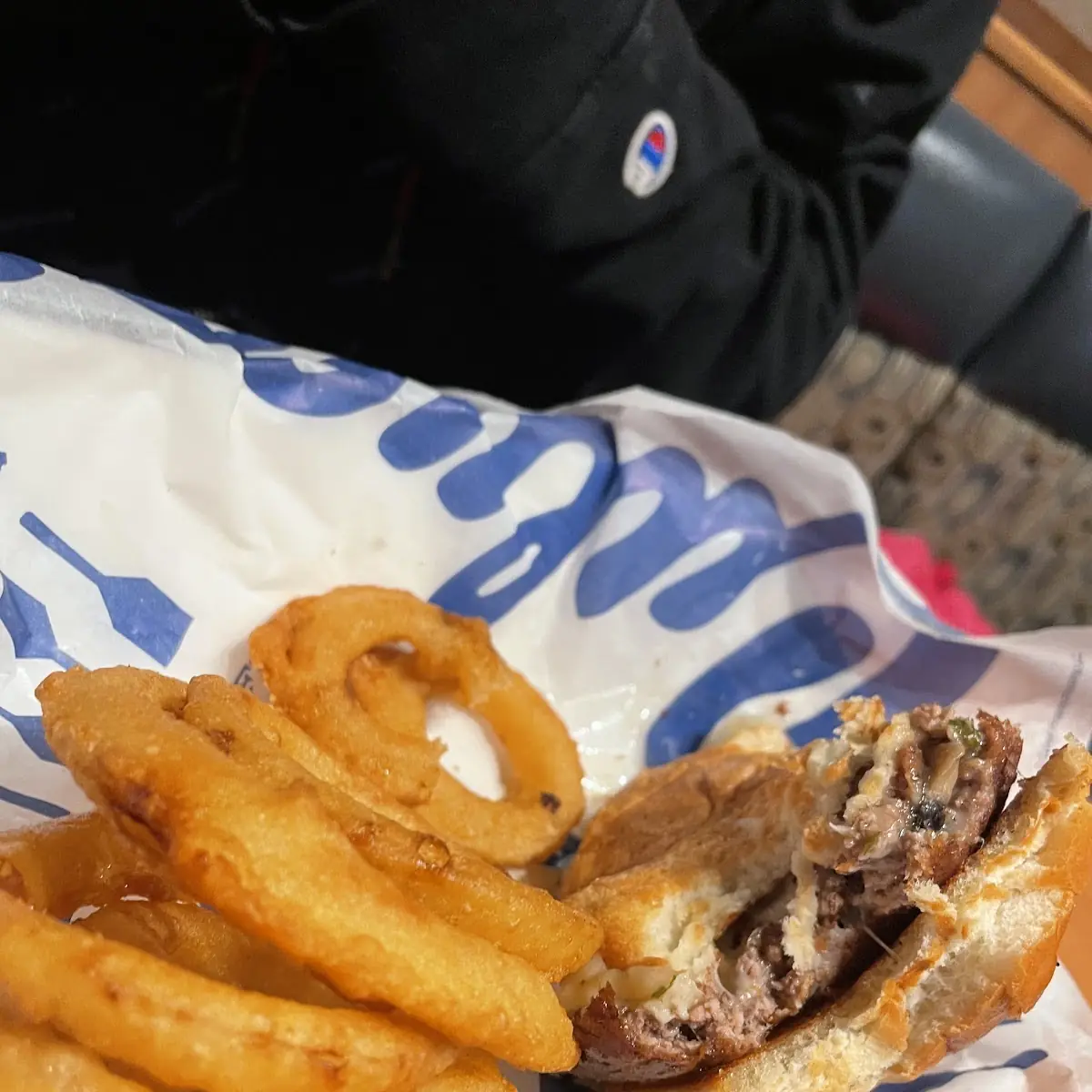 Mushroom Swiss Burger and Crispy Onion Rings