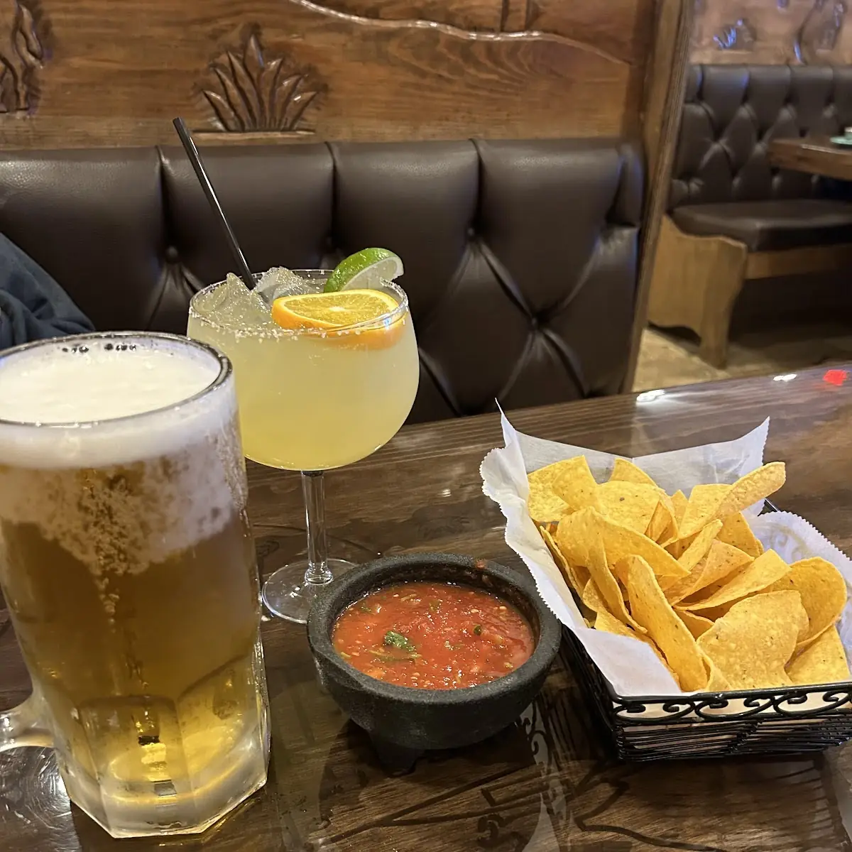 Chips Salsa Cold Beer and Margherita