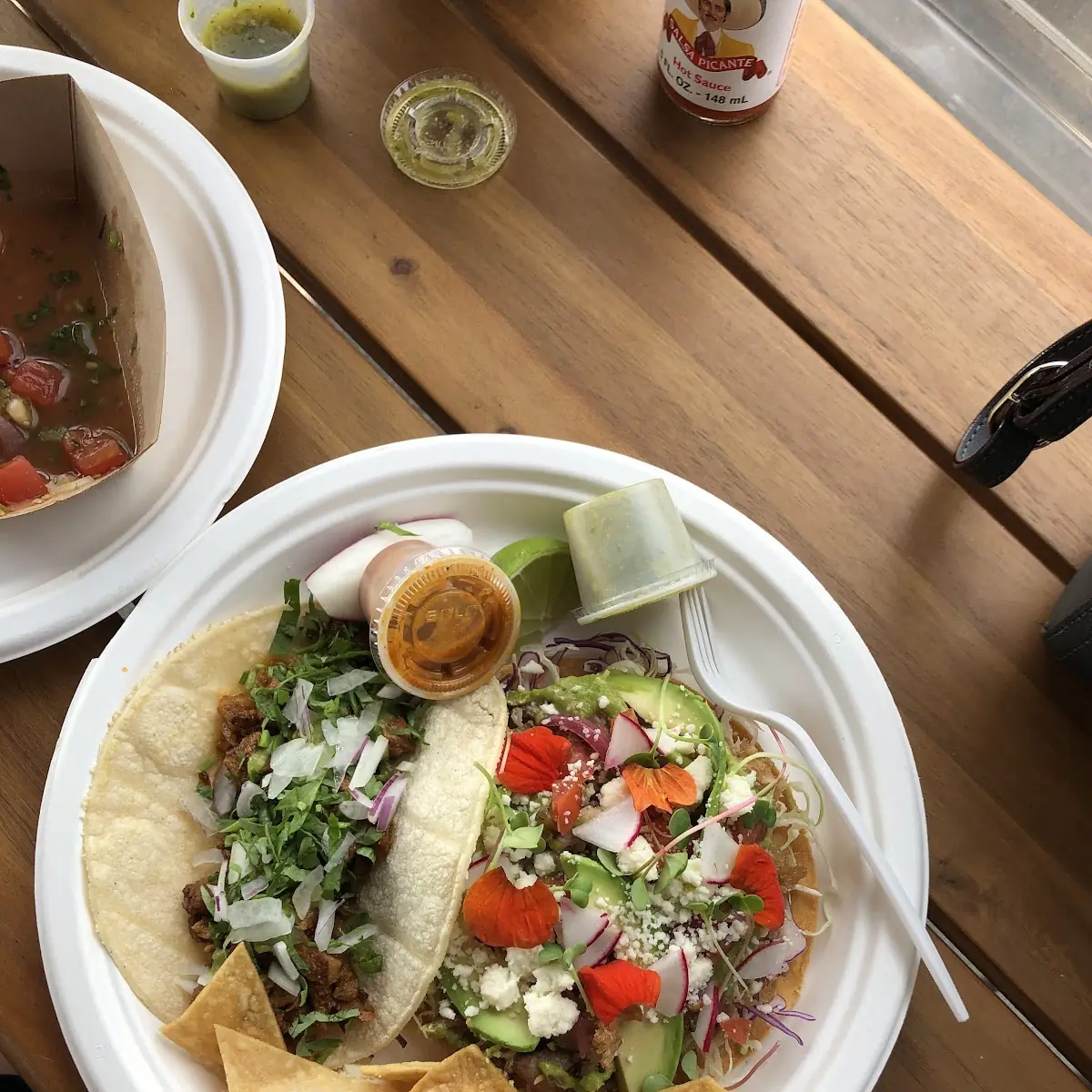 Pork Al Pastor Taco and Carnitas Tostada