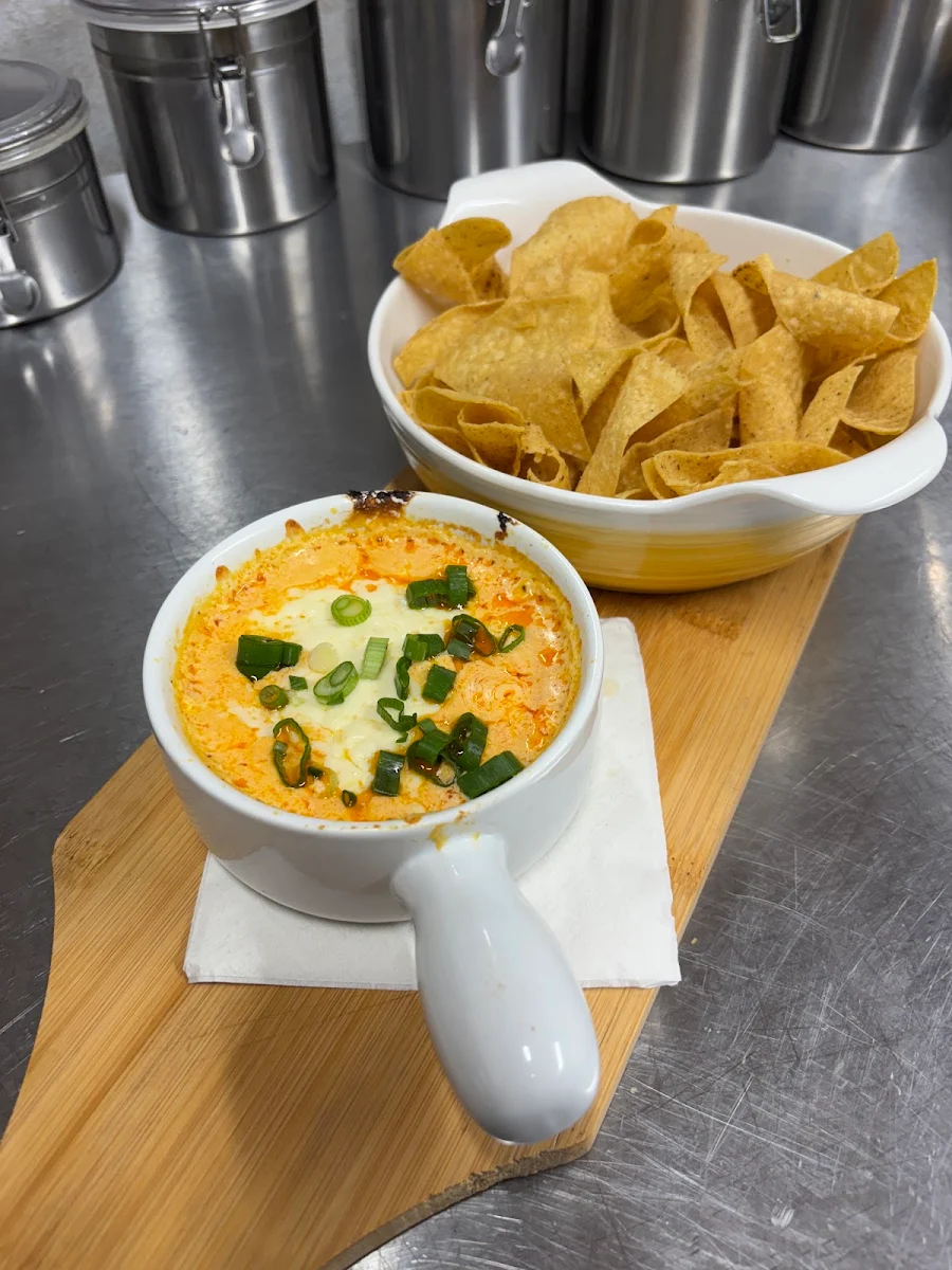 GF New Warm Buffalo Chicken Dip with Fresh Tortilla Chips for Dipping, Back Home Restaurant & Catering