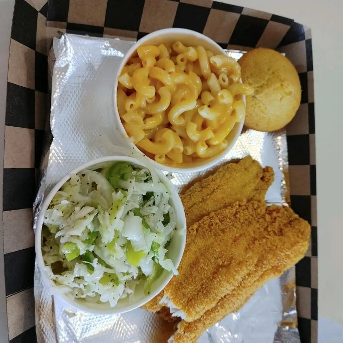 Catfish Coleslaw Macaroni and Cheese and a Corn Muffin